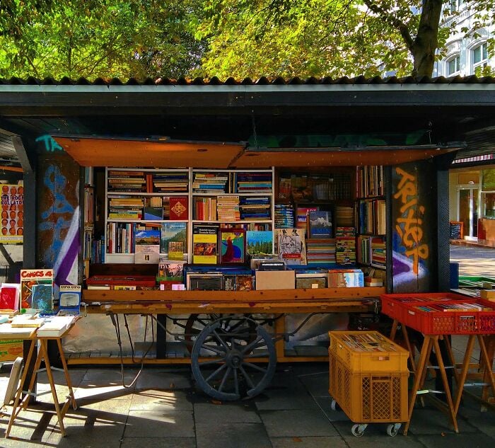 Outdoor cosy bookstore with shelves full of books, surrounded by greenery, showcasing magical libraries and bookstores.