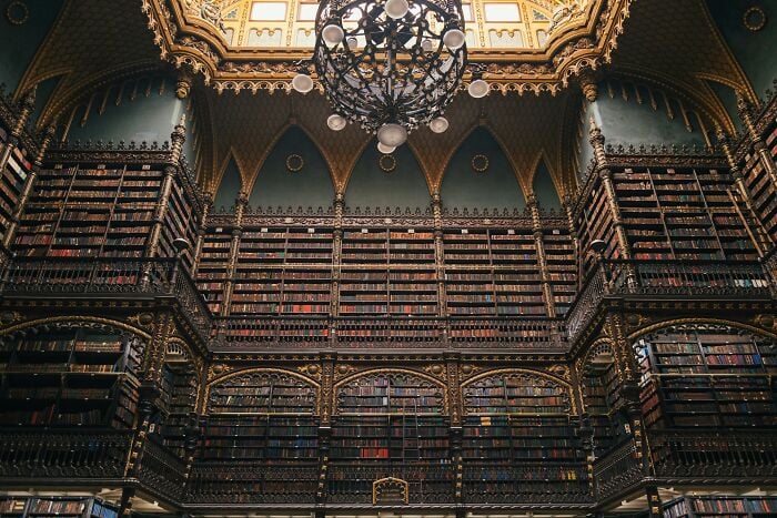 Intérieur de bibliothèque orné et grandiose avec des étagères imposantes et des détails dorés complexes sous un lustre décoratif.