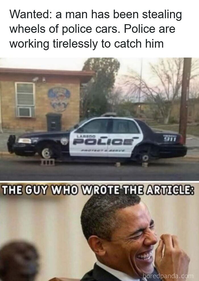 Police car without wheels on blocks with caption about tire theft, paired with laughing man meme explaining viral meme humor.